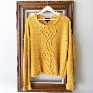 Absolutely Yellow Open Knit Sweater L | Oversized Scalloped Hem Holey Pullover
